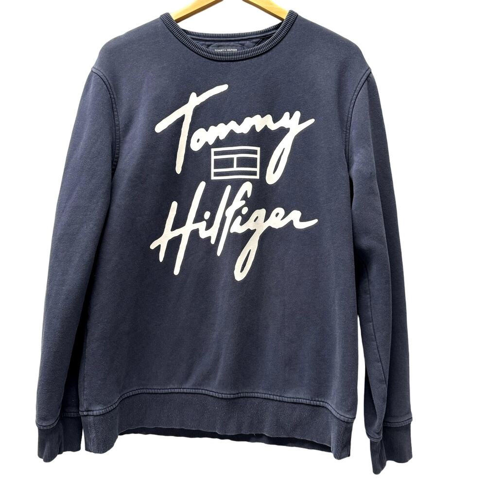 Tommy Hilfiger Sweatshirt Mens XL Blue Pullover‎ Large Logo Long Sleeve Coastal